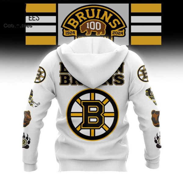 Boston Bruins 100 Centennial Mascot NHL 1924 2024 White Hoodie 3D
